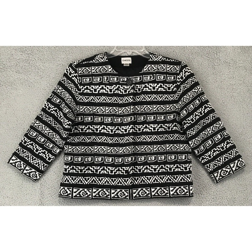 Chicos Jacket Womens Size 2 Lined Embroidered 3/4 Sleeve Formal Black White Read